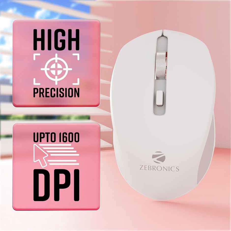 Zeb-Jaguar Wireless Mouse, 2.4Ghz With Usb Nano Receiver, High Precision 4 Buttons (White+Grey)