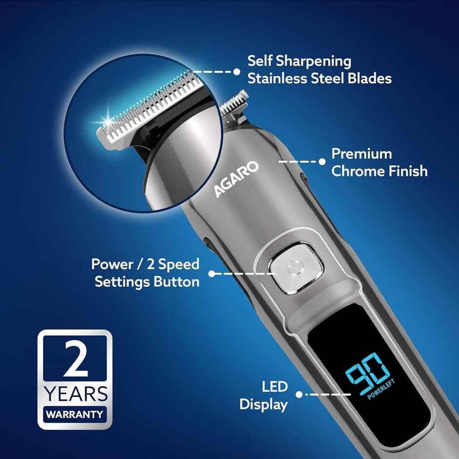 Agaro Cosmo Rechargeable Men's Beard Trimmer, Cordless, 4 Length Setting, 2 Speed, 90 Mins Runtime