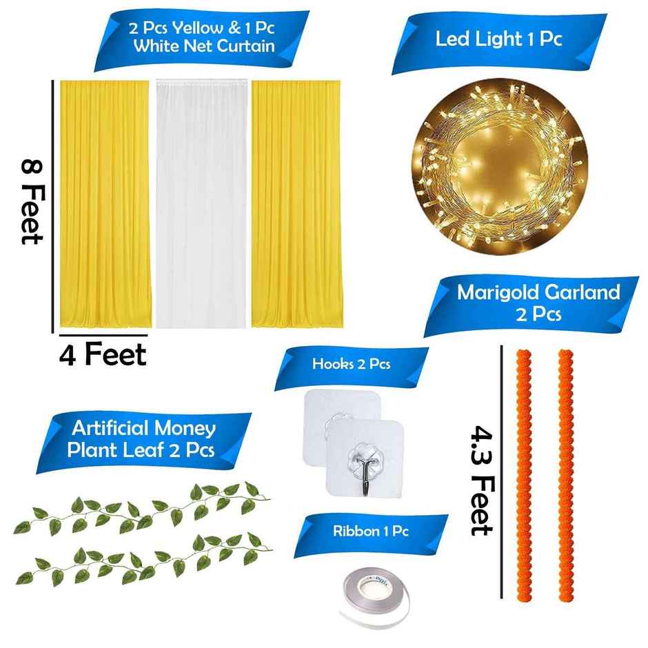 Festive Backdrop Decoration Set | Yellow and White Net Curtain | Party Propz