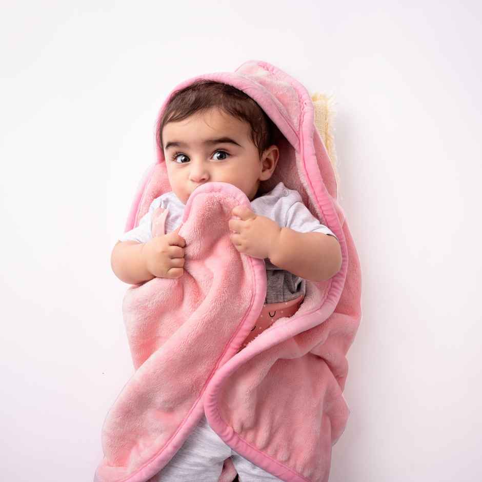 Haus & Kinder 450 GSM Hooded Blanket | New Born Baby | 0 to 6 Months | Baby Pink - 75 x 75 cm