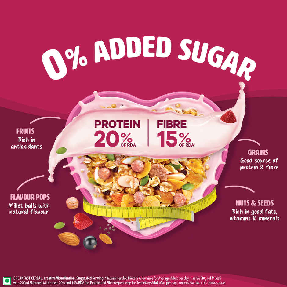 Saffola Muesli 0% Added Sugar Berry Crunch with Flavour Pops, 25% Protein & 19% Fibre of RDA