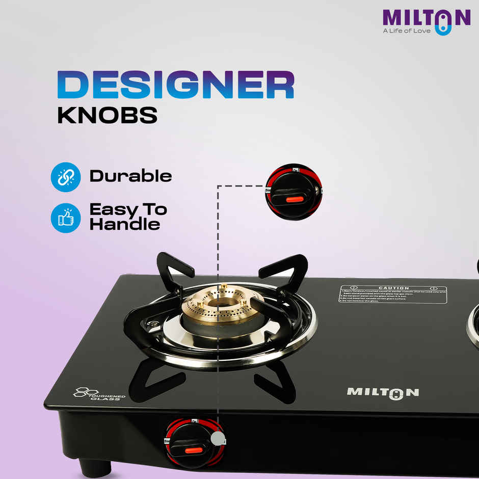 Milton Premium 2 Burner Black Manual Ignition LPG Glass Top Gas Stove, | ISI Certified