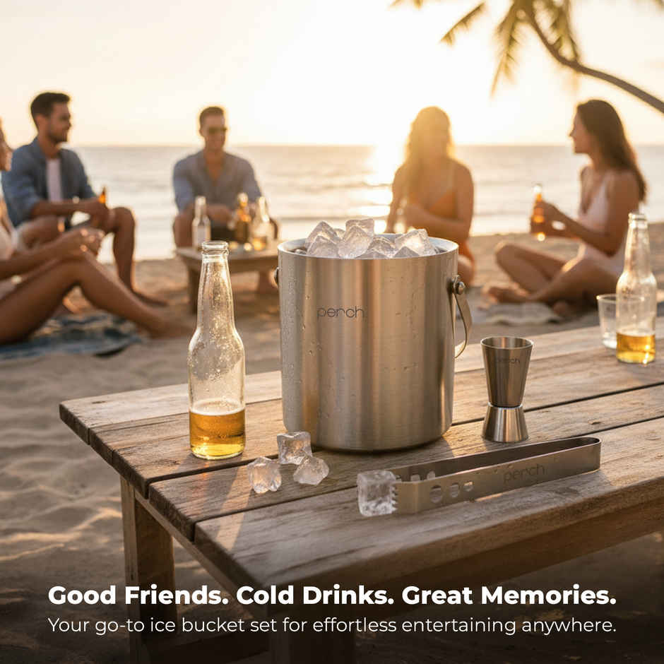 Perch Ice Bucket | Double Wall Steel with Lid Tongs Jigger | 1.5 L | Silver