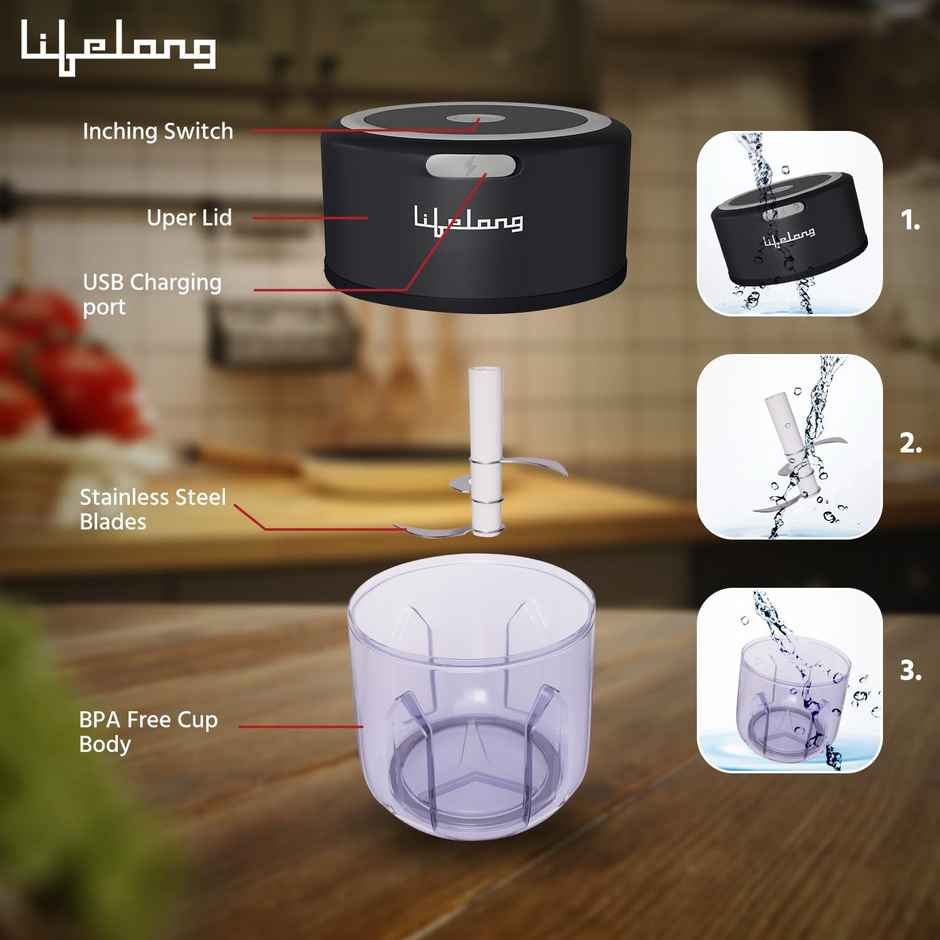 Lifelong 30 Watts USB Rechargeable Wireless Electric Chopper, 250 ML, with Stainless Steel Blades for Onion,Garlic,Vegetables,Nuts,Meat - Black