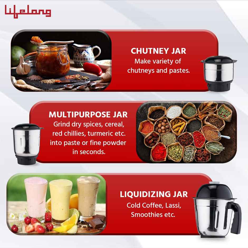 Lifelong LLMG300 Power Pro LX  Mixer Grinder, 500-Watt, with 3 Jars (Liquidizing, Grinding and Chutney Jar) Stainless Steel blades,(Black)
