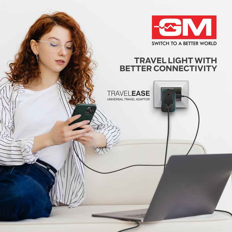 GM 3064 Universal Charger with 240V Power Output | International Travel Adapter with Port Type C - 3.1Amp and Type A - 2.1Amp Output | LED Indicator - Black