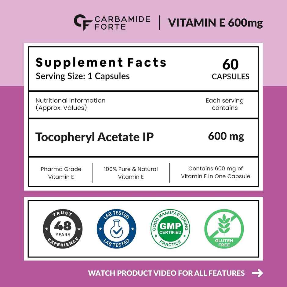 Carbamide Forte 600 mg Vitamin E Capsules for Face and Hair Vitamin E Oil - 60 Capsules