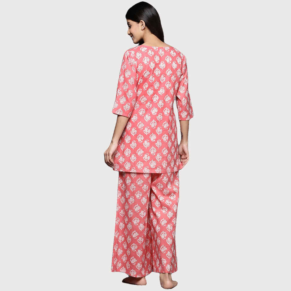 Libas Women Pink Cotton Floral Kurti With Cotton Pyjamas - 50178L