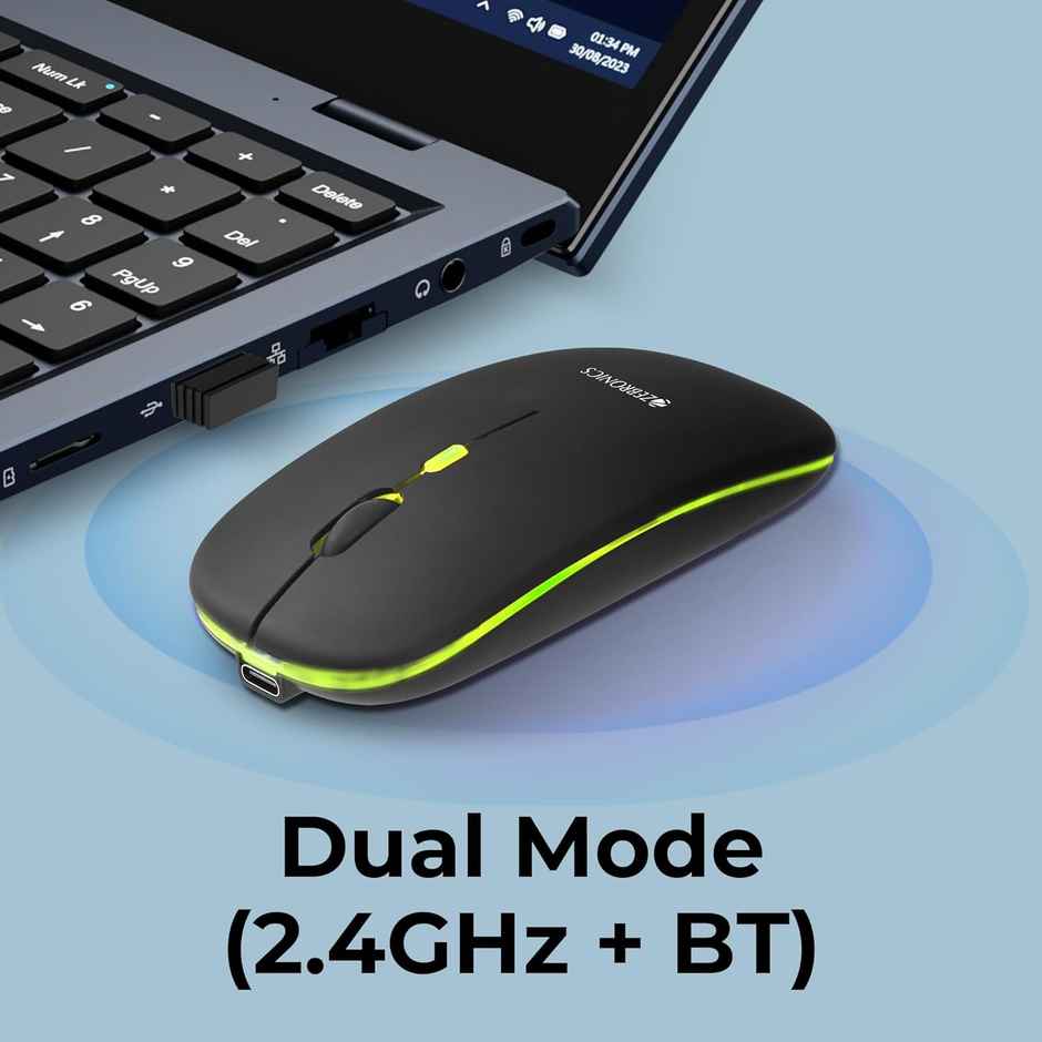 Zebronics Blanc Slim Wireless Mouse with Rechargeable Battery, BT + 2.4GHz, 4 Buttons, 800/1200/1600 DPI, Silent Operation, Multicolor LED Lights - Black