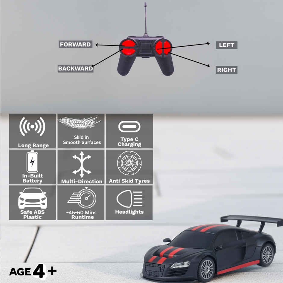 Race N Roll 1:24 Rechargeable Hi Speed Mini Remote Control Car - Aud Matt Black With Red Stripes