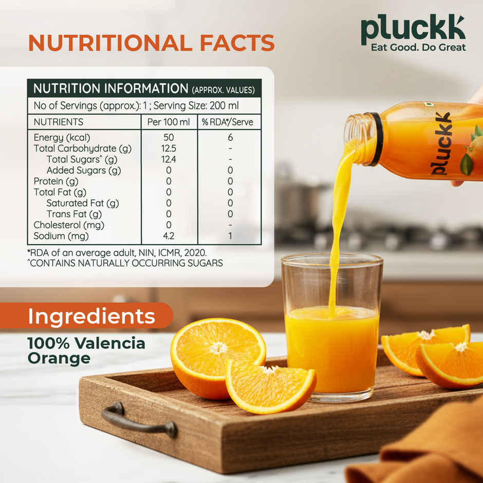 Pluckk Cold Pressed Extracted Valencia Orange Juice | No Preservatives | No Added Sugar