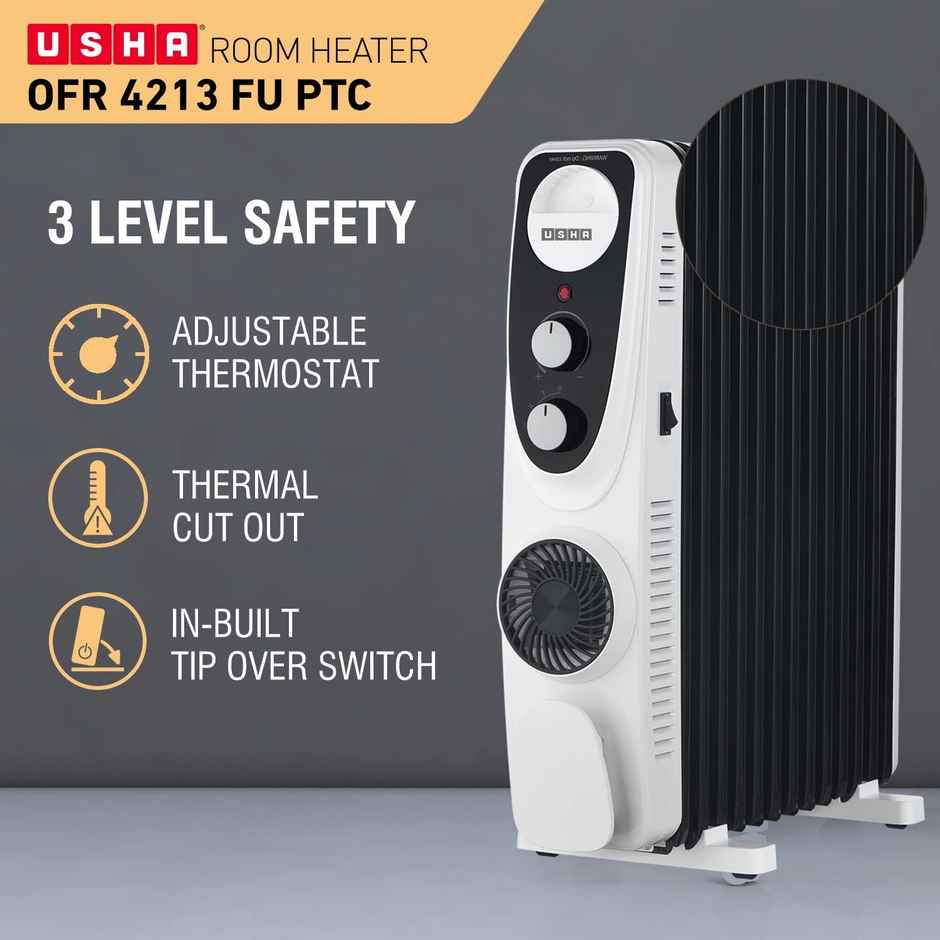 USHA 4209 FU PTC U Shaped 9 Fin Oil Filled Radiator Room Heater | Black - 2700 Watts