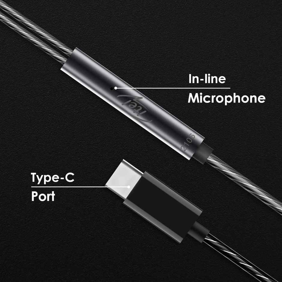itel in Ear Wired Headphones with an in-Line Mic, Type C Port, DAC Chip, Powerful Bass Boost 10Mm Drivers, Aluminium Alloy and Polished Metal Design - Black