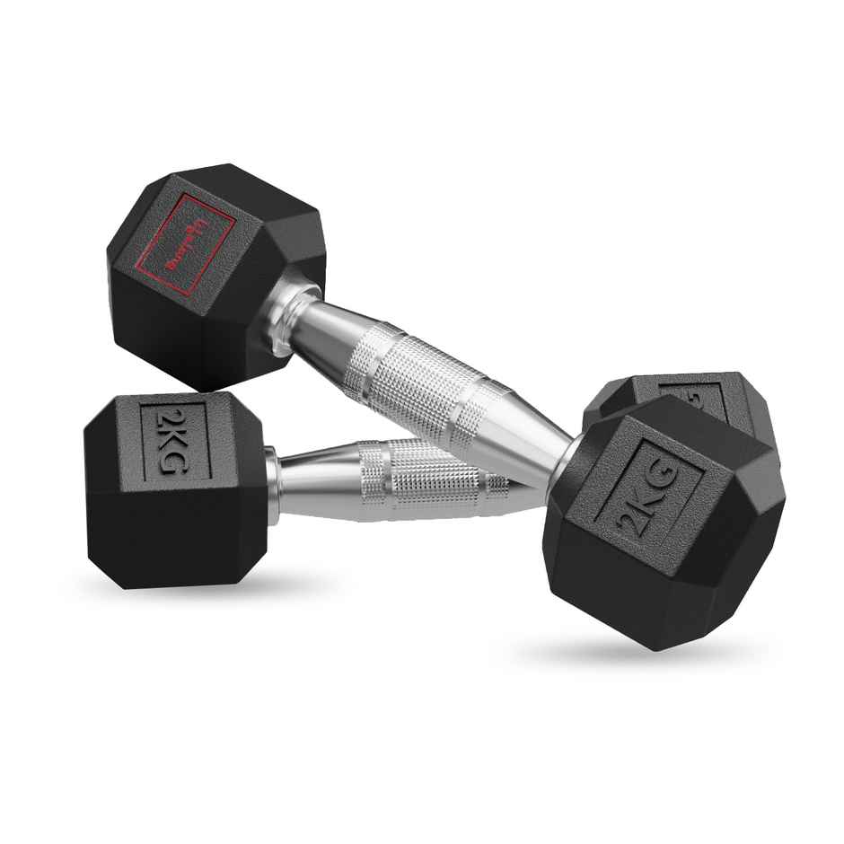 Lifelong Hex Rubber Coated Dumbbell Set (2 kg X 2) | Black | Home Workout | Fitness Barbell