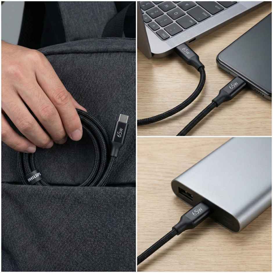 Philips 65W USB Type-C to Type-C Fast Charging Cable | Nylon Braided | 1m | Dark Slate