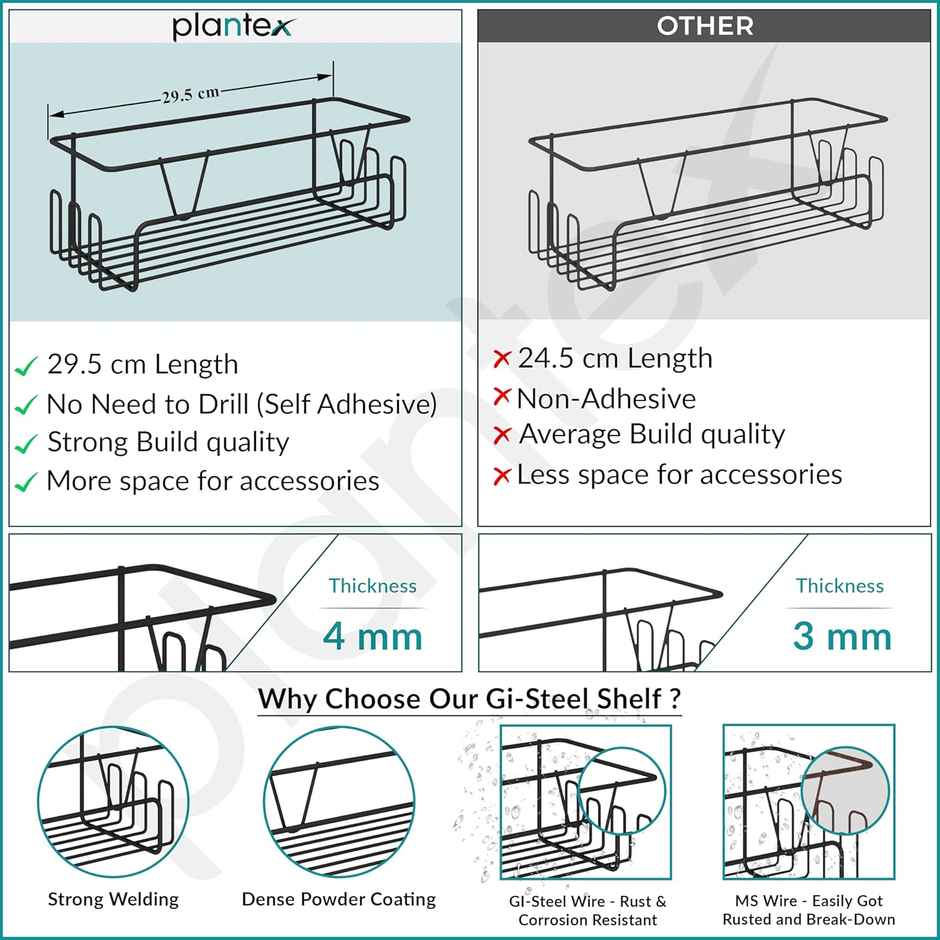 Plantex GI Steel Self-Adhesive Bathroom Shelf Organizer with Hooks - Black Powder Coated