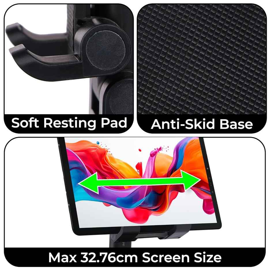 Zebronics MTS100 Mobile & Tablet Stand with 360 Degree, Foldable, Adjustable Height, Anti-Skid Base