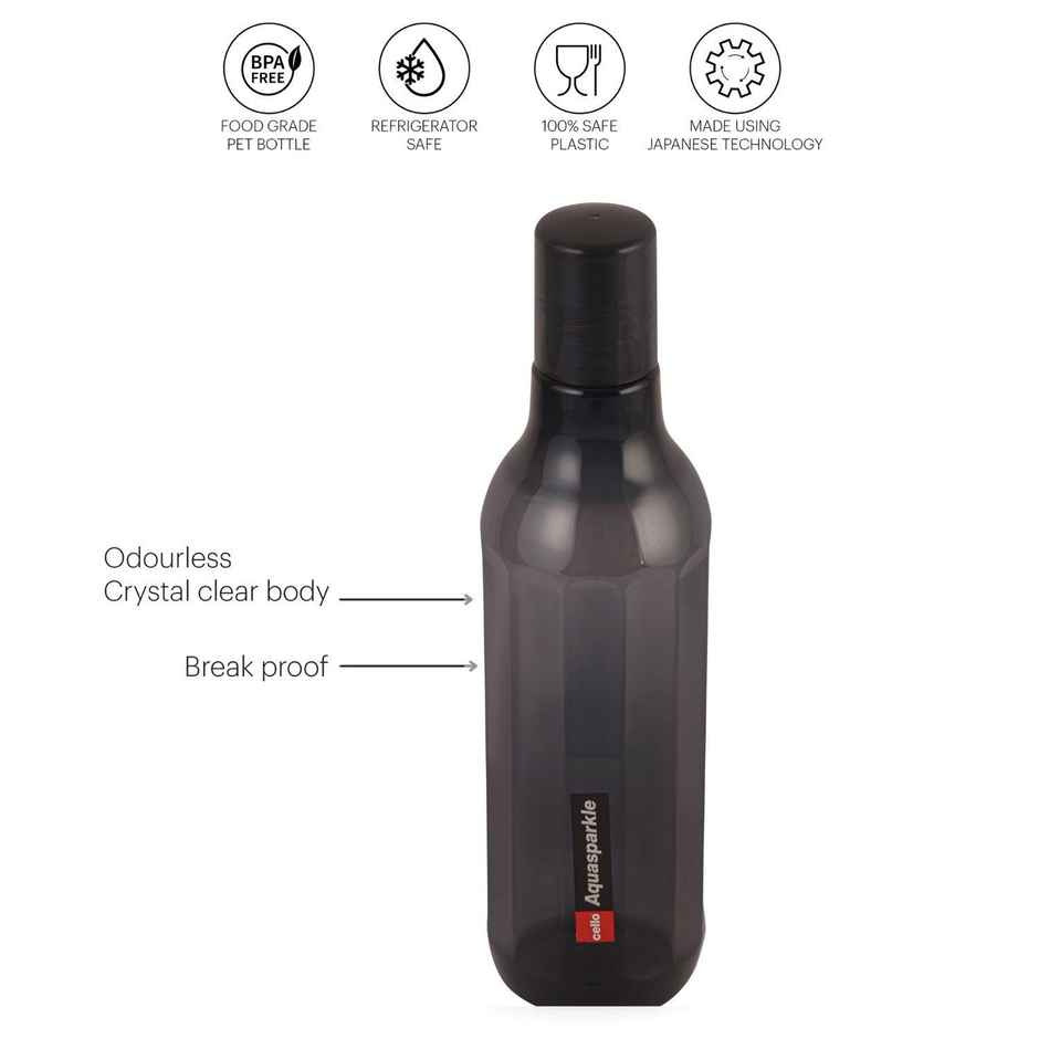 Cello Plastic Aqua Sparkle Water Bottle, 100% Food Grade, Leak Proof and Break Proof | Black - 1 L