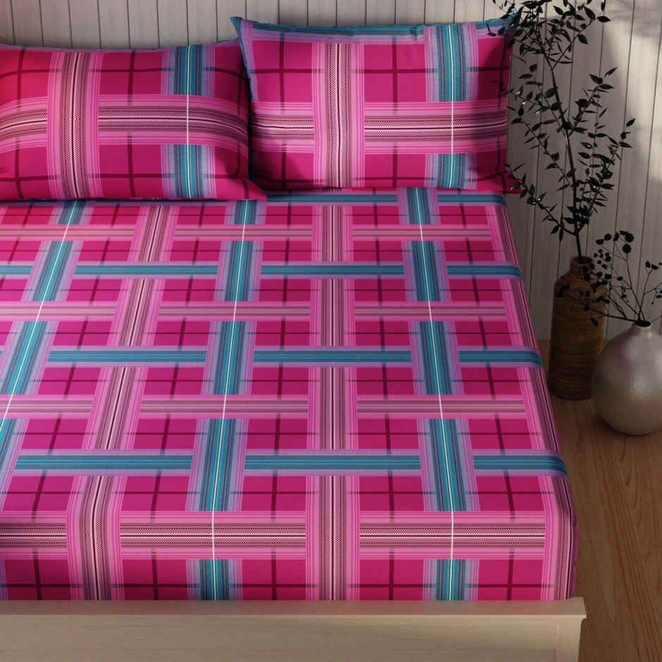 Kopa Extra Smooth Cotton Double Bedsheet With 2 Pillow Covers | Set of 3 | Lopez Checks | Magenta