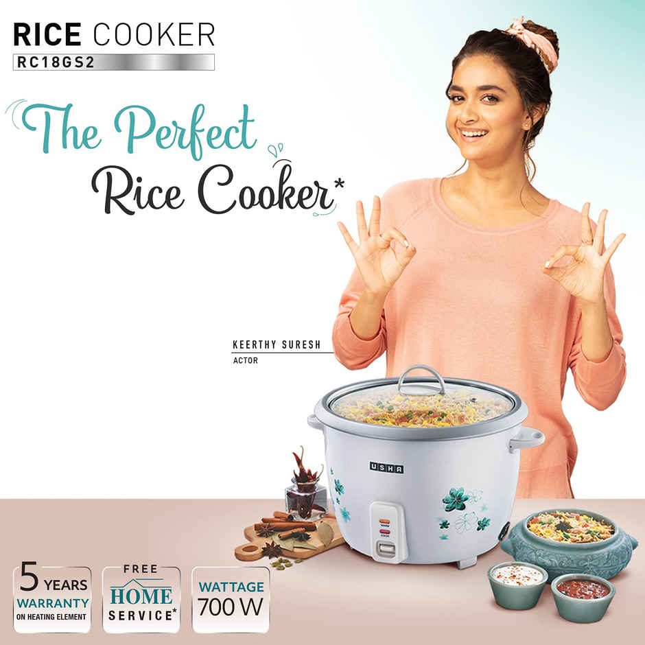 Usha Rice Cooker 1.8L (700W, Dual Bowls, Steamer Basket, Keep Warm Mode, Tempered Glass Lid, White)
