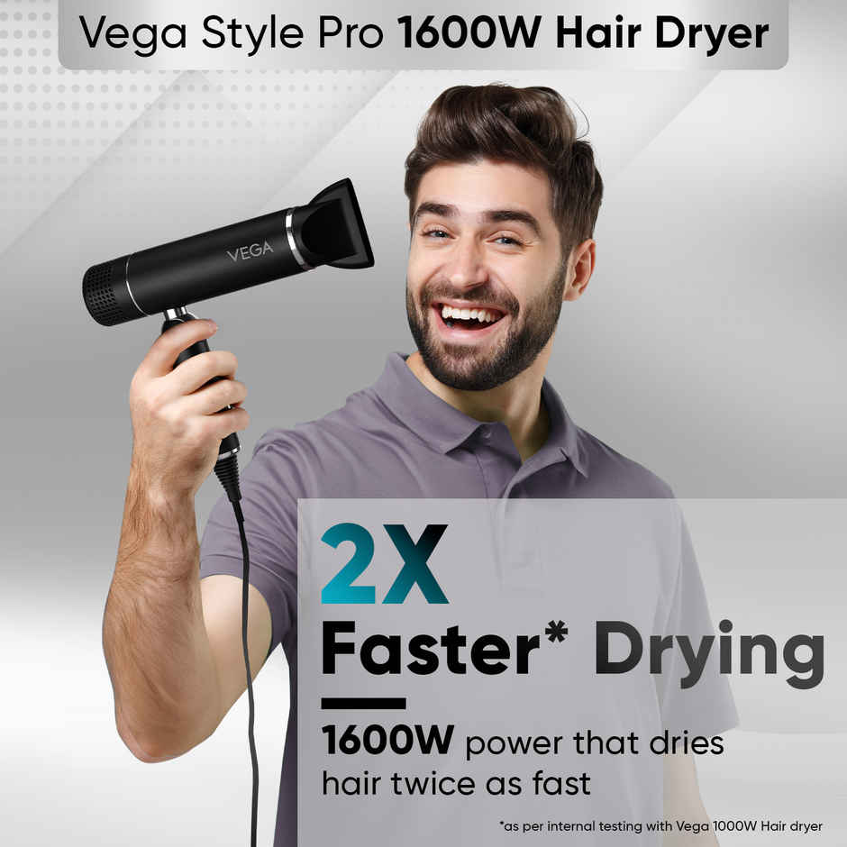 Vega Style Pro Foldable Hair Dryer | 1600W | 2X Faster Drying | VHDH-34, 16 Amp Plug Concentrator(Compatible Only with Large Plug Size)