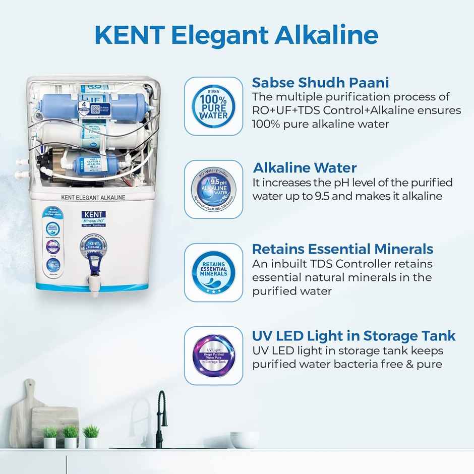 Kent Elegant Alkaline Ro Water Purifier, Ro + Uv + Uf + Alkaline + Tds Control| 8L Tank | White