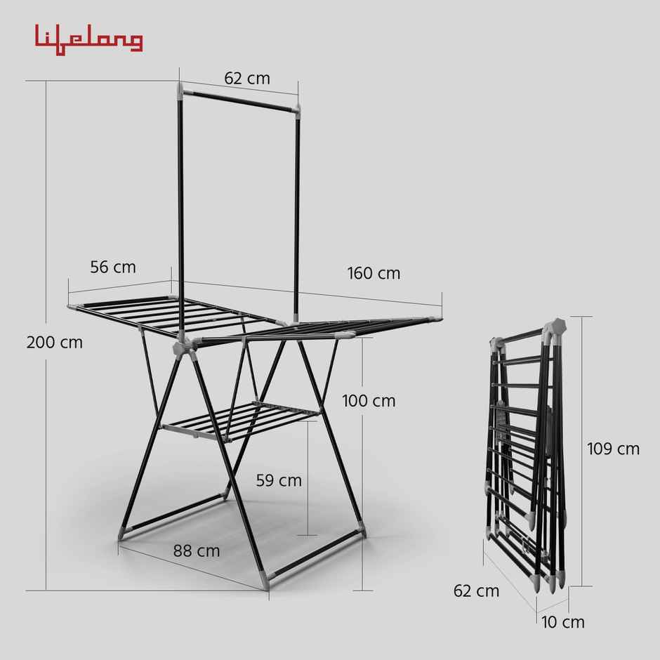Lifelong Clothes Stand for Drying | Height Adjustable | 55 ft Drying Length | Easy to Store | Black
