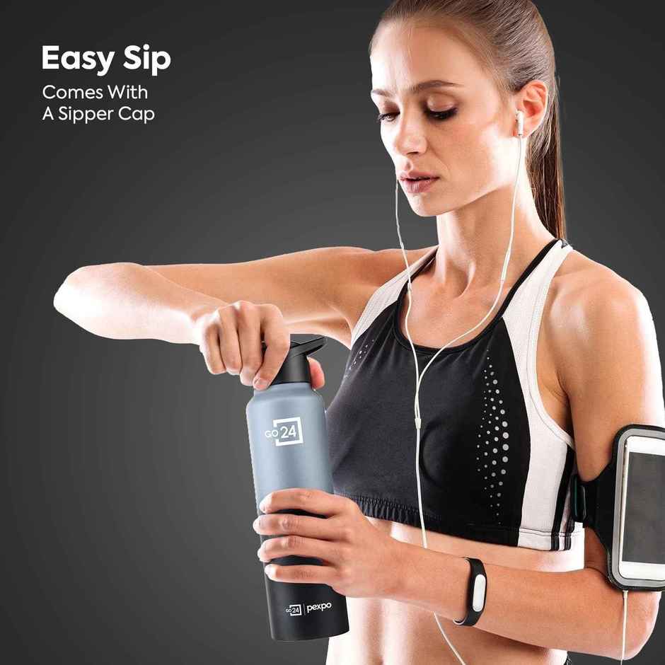 Go24 | Pexpo Craft Pro Stainless Steel Sports | Fridge Water Bottle with Sipper Cap | Grey and Black Ombre