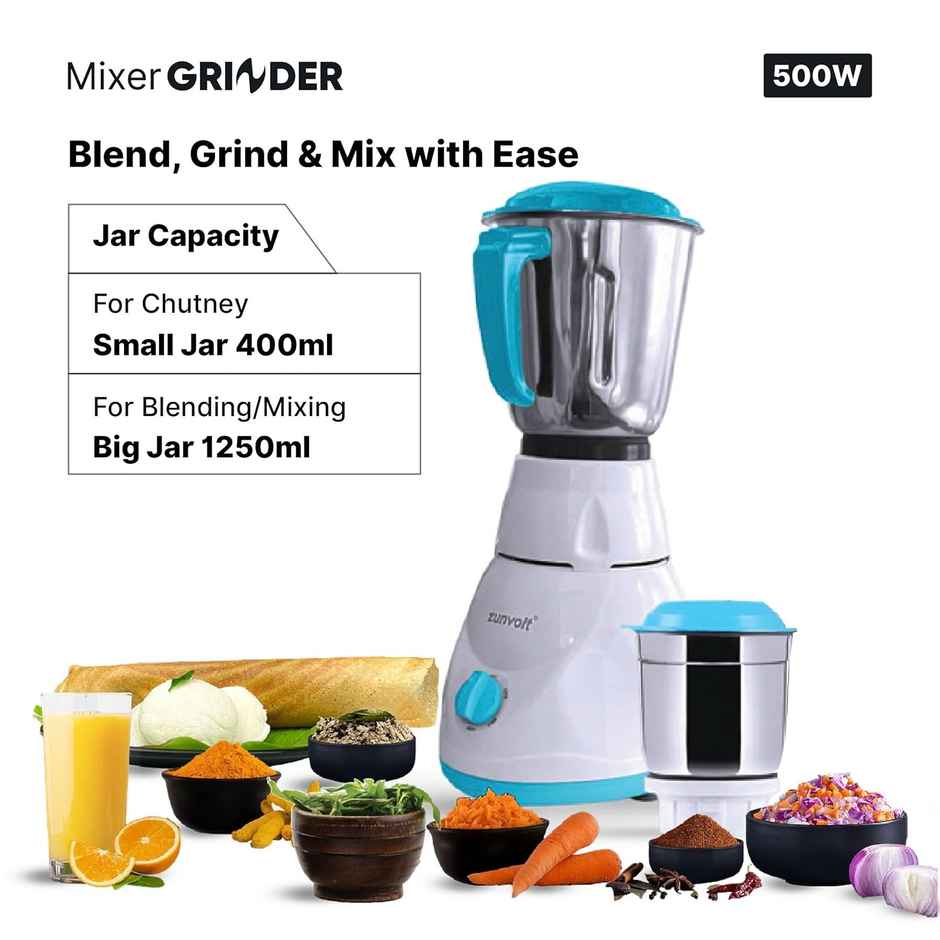 ZunVolt Power MG5 Mixer Grinder | 500 W | 2 Jars - White & Turquoise