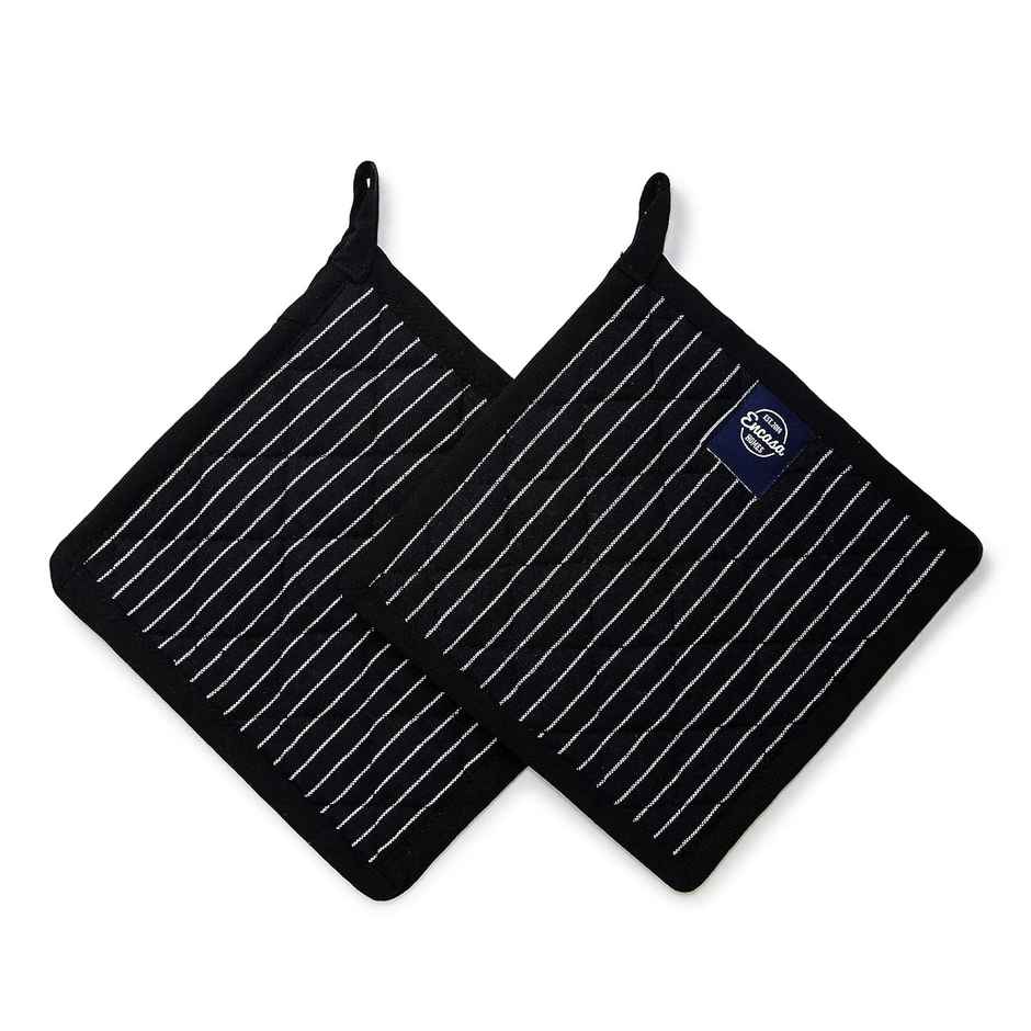 Encasa Xo Yarn-Dyed Pot Holders Butcher Stripes Black 21 cm, Pack of 2