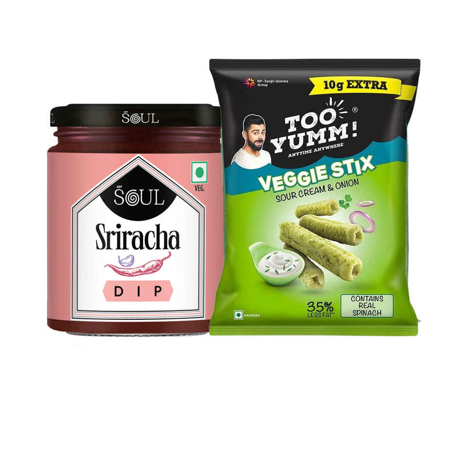 Adf Soul Sriracha Dip (200g) & Too Yumm! Sour Cream & Onion Veggie Stix | Munching Snack | On-The-Go Munchies (75g) Combo
