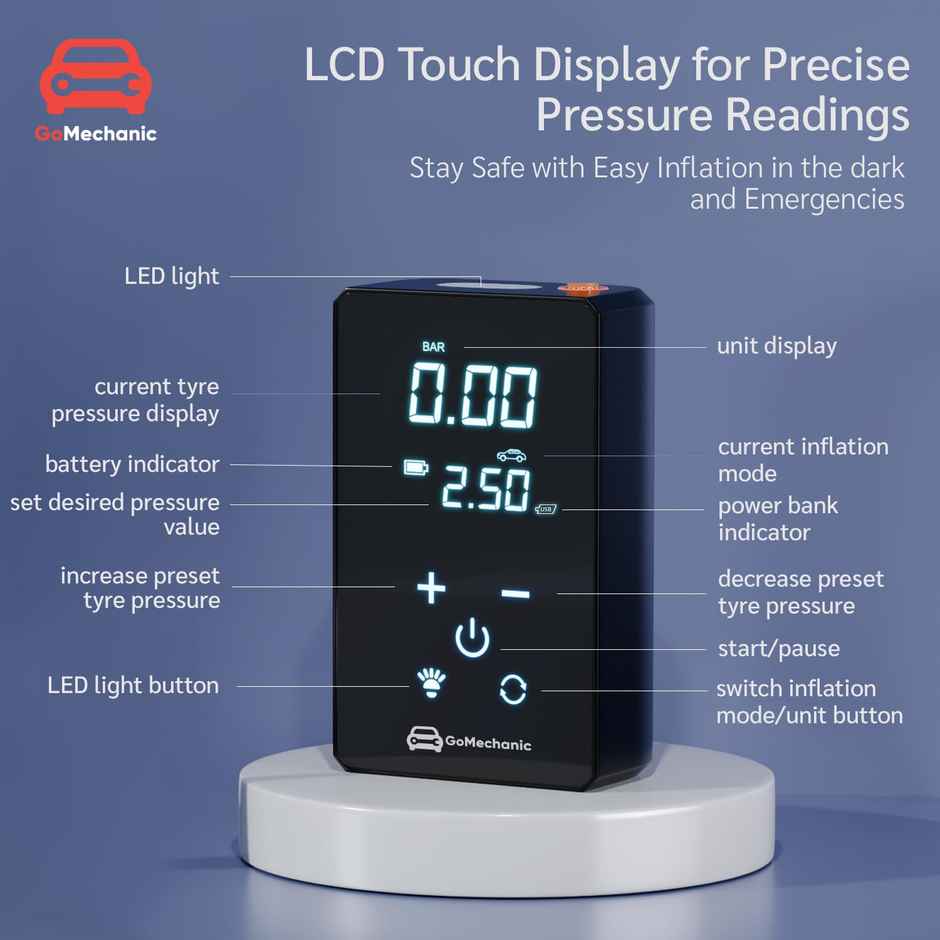 Gomechanic Wireless Tyre Inflator For Car & Bike |150 Psi |3000 Mah Battery | Full Lcd Touch Screen
