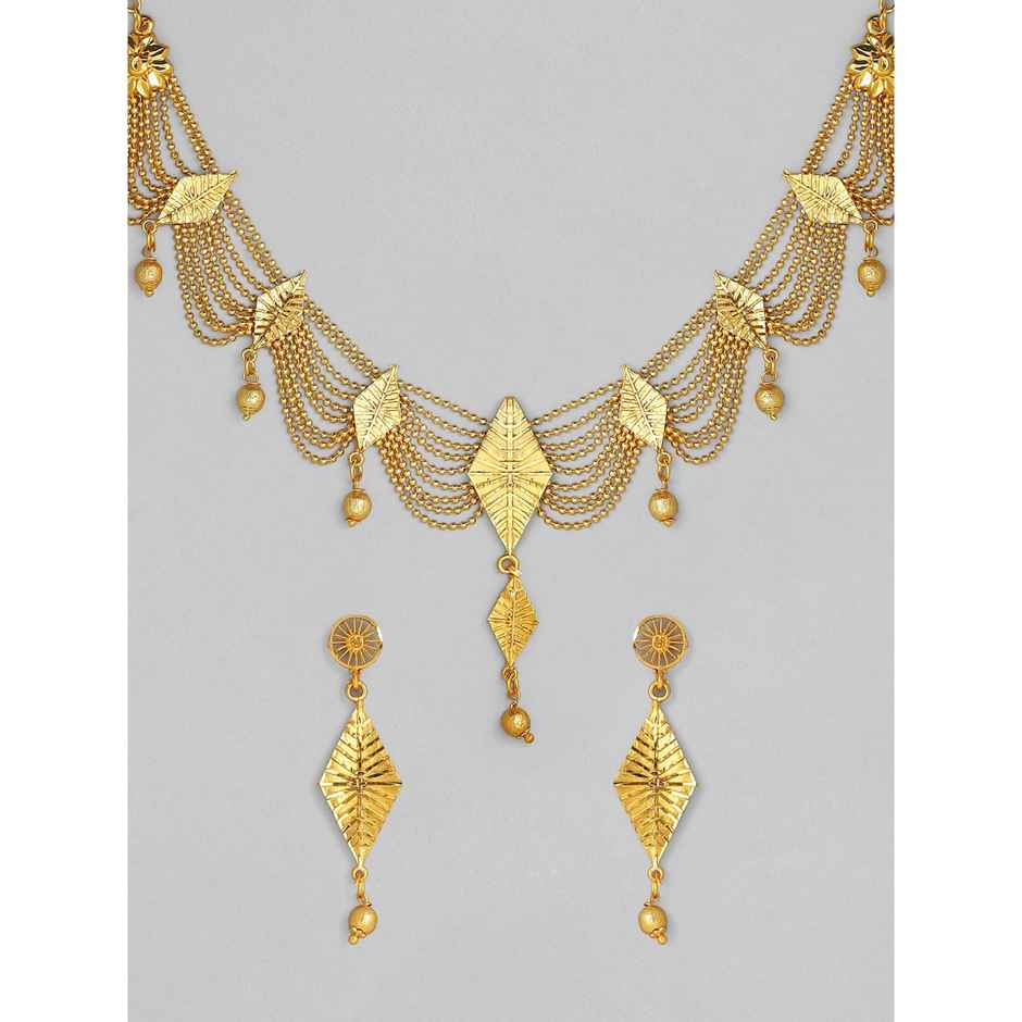 Rubans 22K Gold-Plated Multi-Strand Necklace Set with Leaf Motifs and Matching Drop Earrings