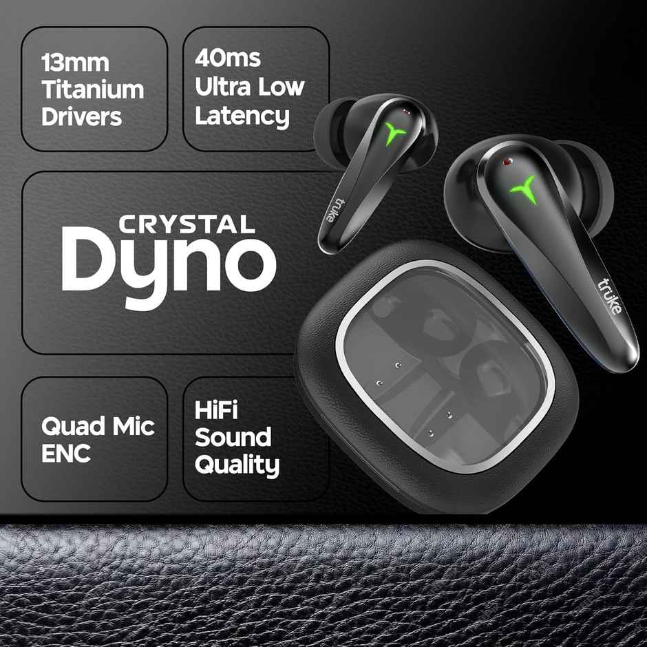 truke Crystal Dyno Leather Finish Earbuds w/ Spatial Audio, 70H Battery, Quad Mic ENC | Raven Black
