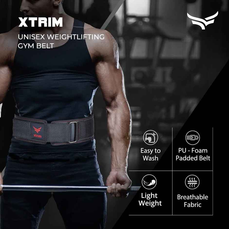 Xtrim Weightlifting Gym belt with PU-Foam Padded For Workout, Hook & Loop Closure |Black - S