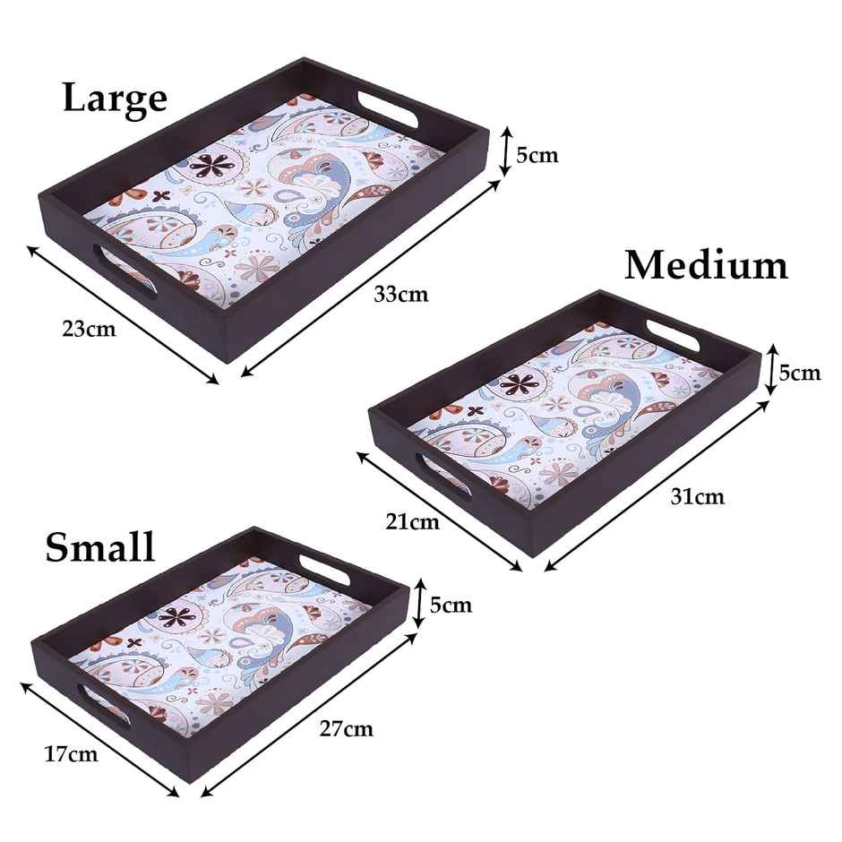 Kuber Industries Set of 3 Wooden Paisley Design Nested Serving Tray Rectangular with Handles|Brown