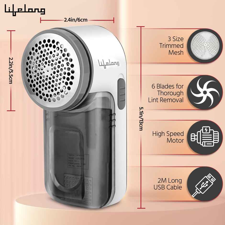 Lifelong LLELR18 (12W)  2-in-1 Lint Remover for Clothes with Brush, Fabric Shaver for Woollen Sweaters, Cotton Clothes, Sofa - Dust & Pet Hair Remover from Clothes - 2 Metre USB - Use with 5V-1A Adapter - Grey