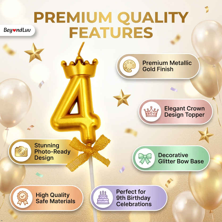 BeyondLuv Candles for Kids Birthday Party 4 Golden Number Candle With Crown
