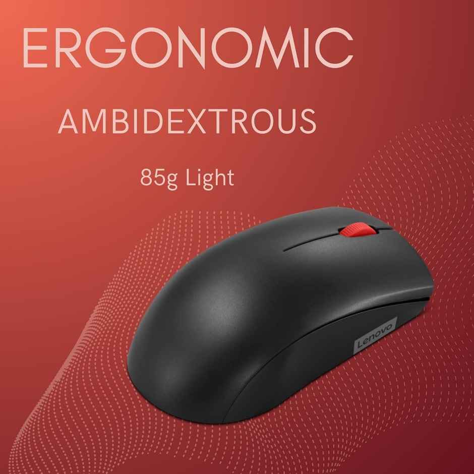 Lenovo 150 Wireless Compact Mouse, 1K DPI Optical sensor, 2.4GHz Wireless NanoUSB, 10m range, 3button(left,right,scroll) upto 3M left/right clicks, 10month battery, Ambidextrous, Ergonomic, GY51L52638