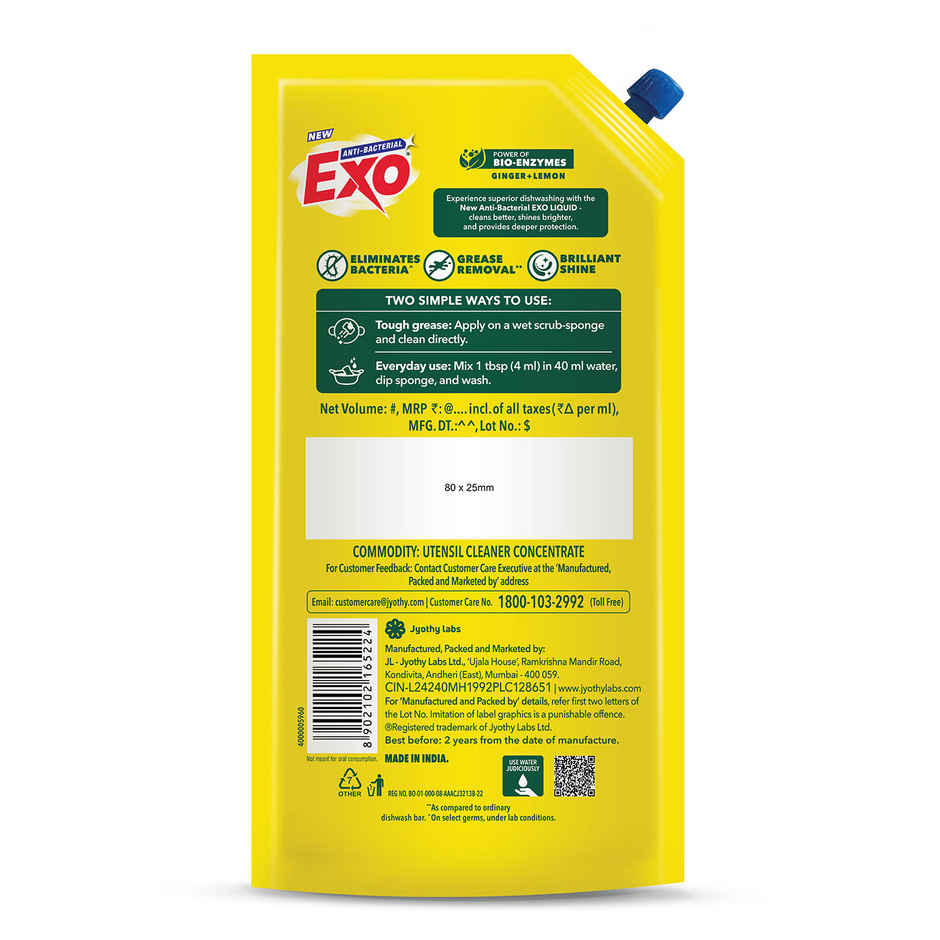Exo Ginger & Lemon Anti Bacterial Dishwash Liquid | Tough Grease Removal with Power of Bio-Enzymes