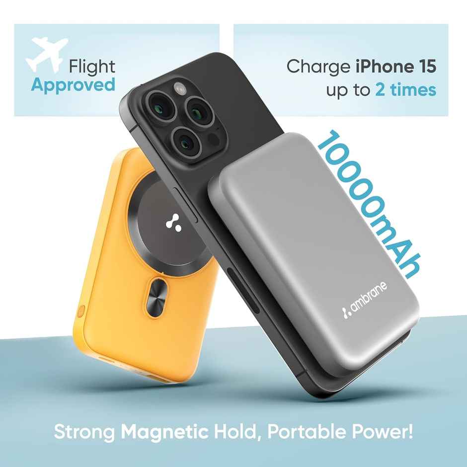 Ambrane MagSafe Wireless 10000mAh Fast Charging Power Bank, Strong Magnet, 22.5W Output for iPhone 12 & Above, Android & Other Qi Enabled Devices, Premium Rubberized Coating (Aerosync Snap, Yellow)