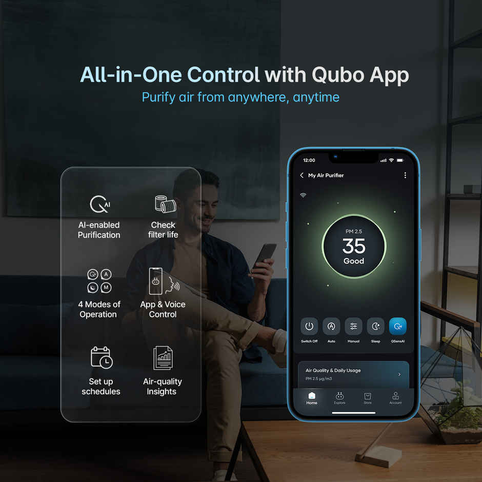 Qubo Smart 38W Air Purifier Q200 for Home by Hero Group | 200 Sqft | 99.99% Allergen Removal | HEPA H13 | 9000 Hrs Filter Life | App & Voice Control(White)