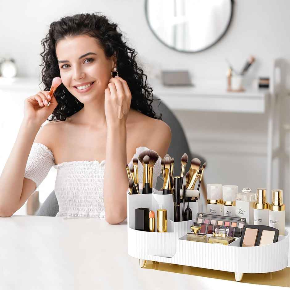 Perpetual 360 Rotating Makeup Organizer with Brush Holder | White