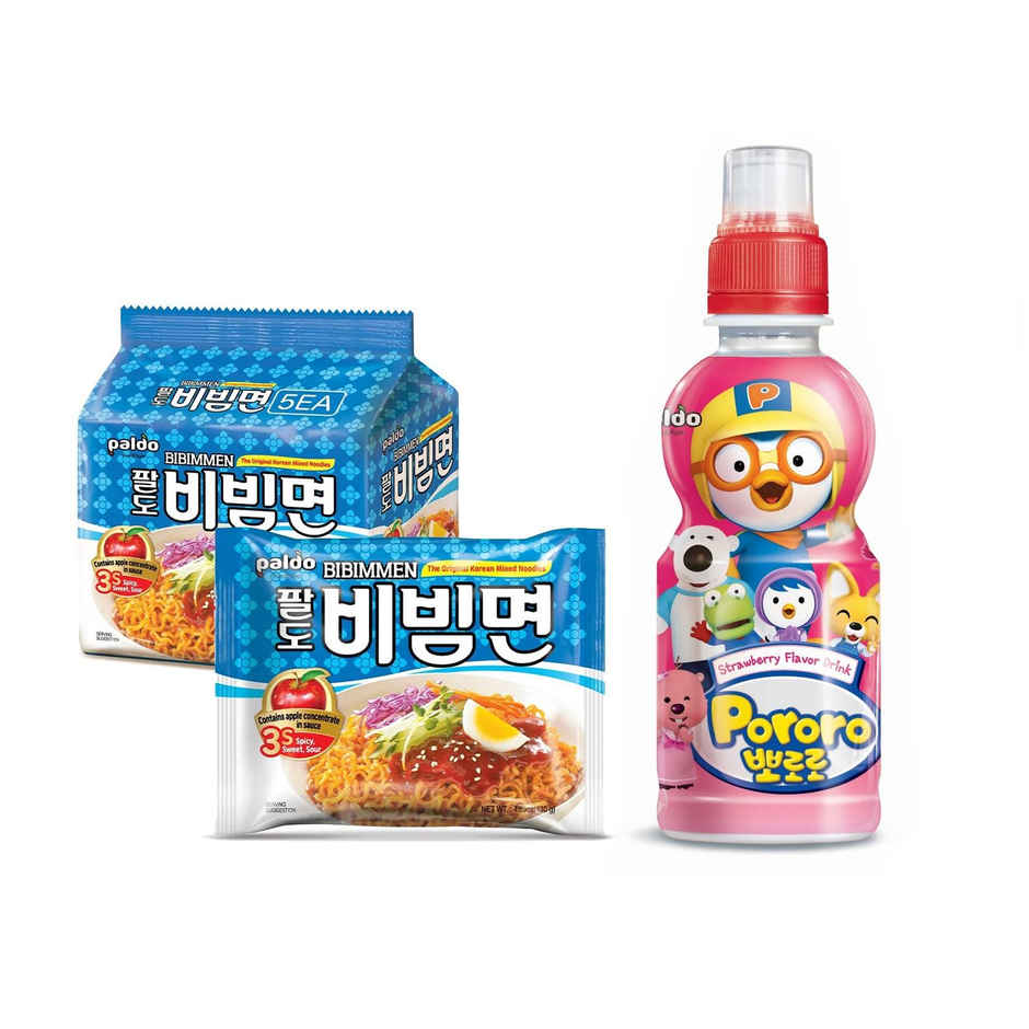 Paldo Bibimmen Spicy Korean Cold Noodles  (Pack Of 5)(650gms) & Pororo Korean Drink Strawberry Flavor(235ml) Combo