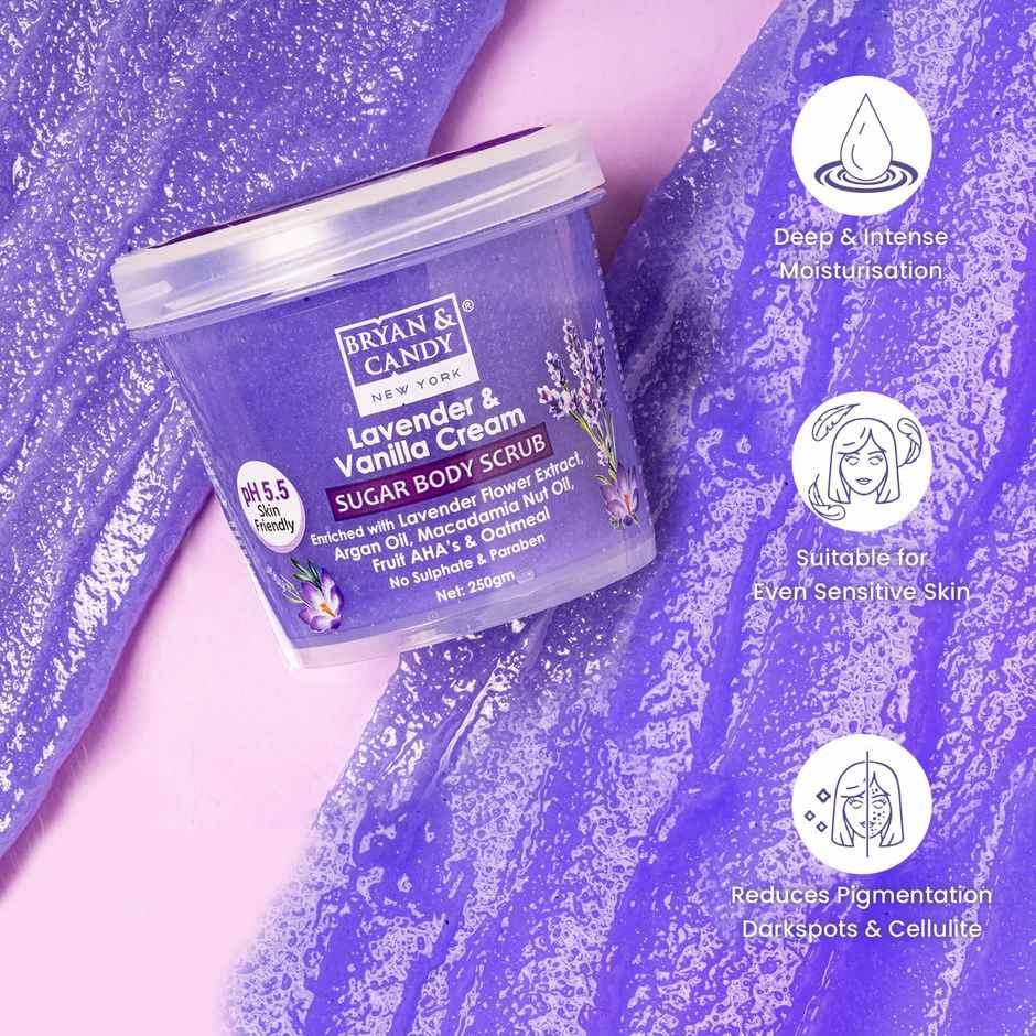 Bryan & Candy Sugar Body Scrub Ph 5.5 For Tan Removal And Exfoliation | Lavender - Vanilla Cream