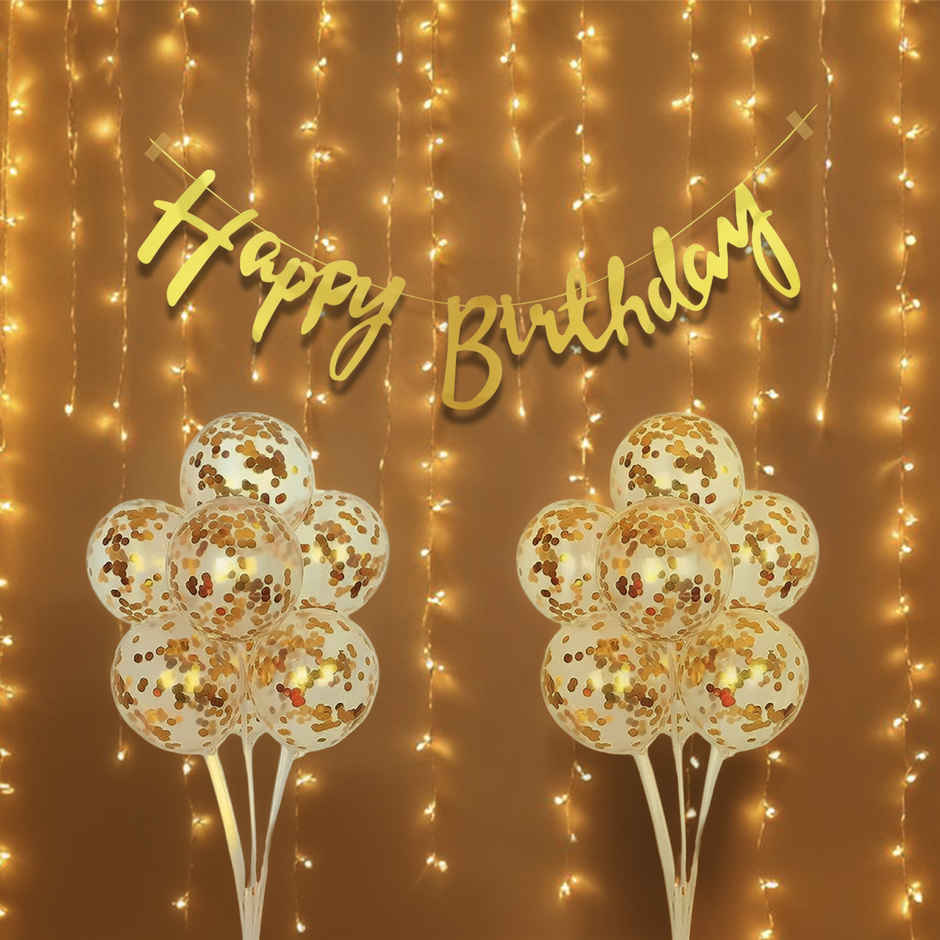Birthday Decoration Items Kit | Banner, Ribbon, Confetti Balloons & LED Light | Party Propz