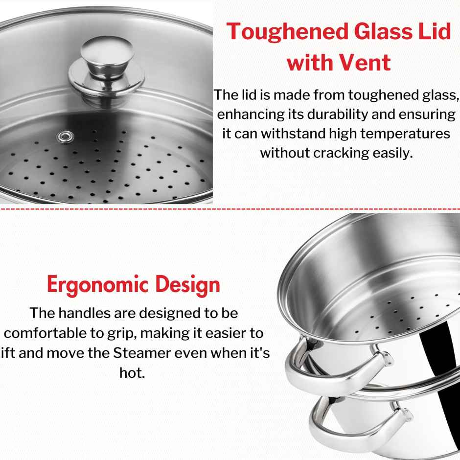 Vinod Stainless Steel 2 Tier Steamer With Glass Lid - 20 Cm (Induction Friendly)