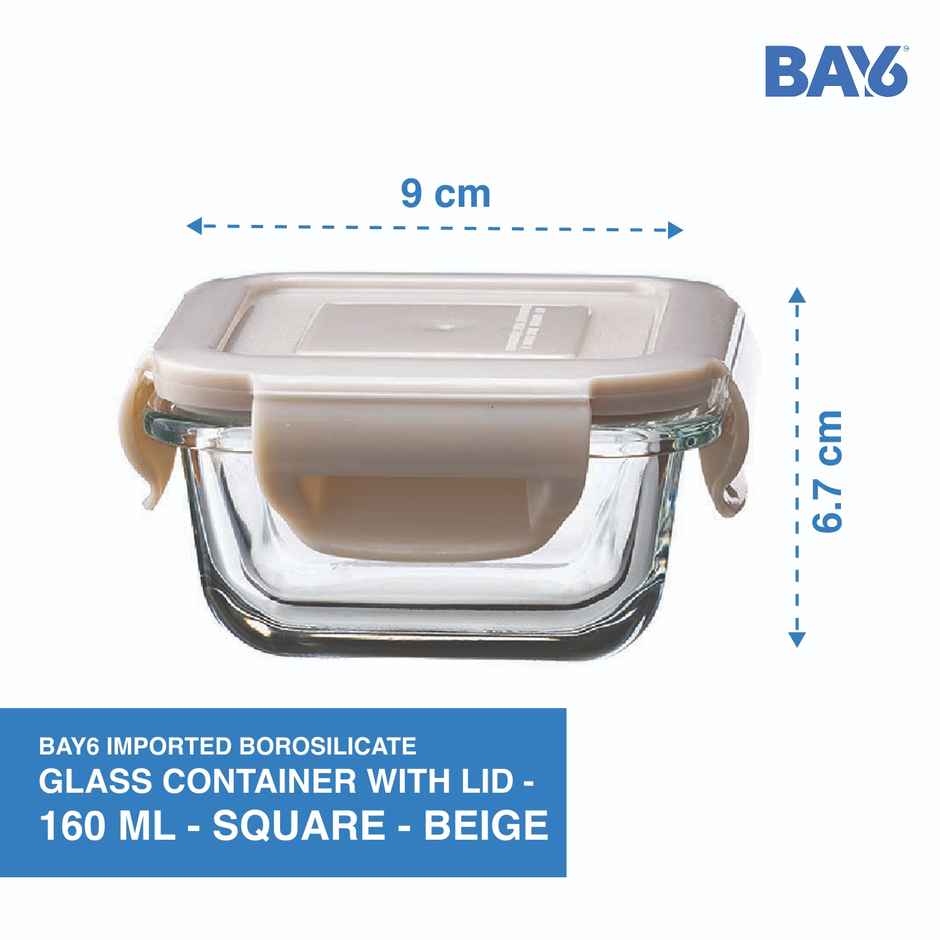 BAY6 Premium Small Borosilicate Glass Container with Lid 160 ml - Square - Beige