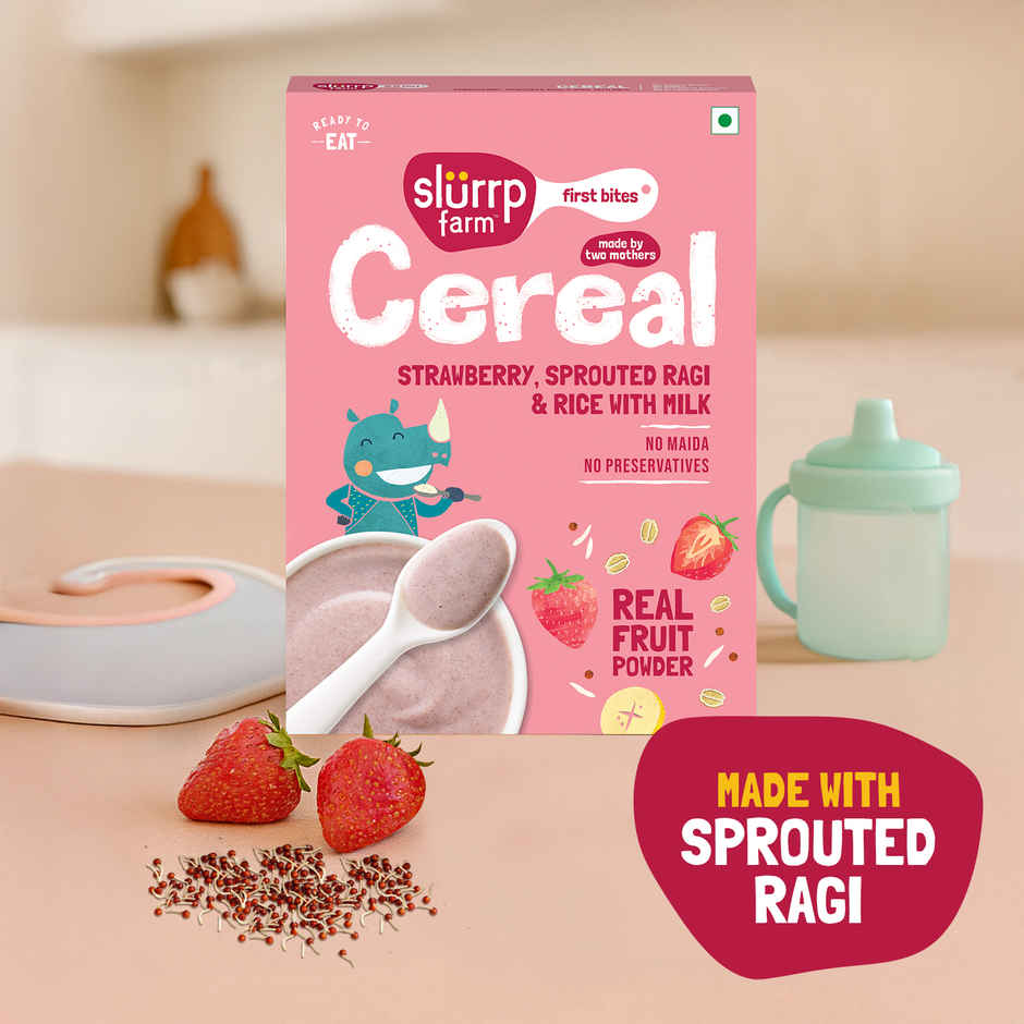 Slurrp Farm First Bites Strawberry Sprouted Ragi And Rice Cereal With Milk