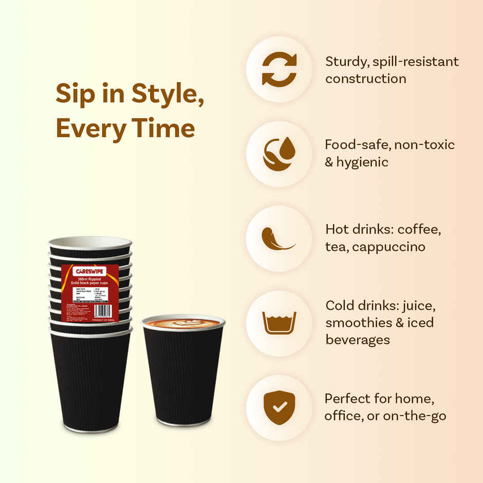 Paper Cups | Rippled Black | 360 ml | Careswipe